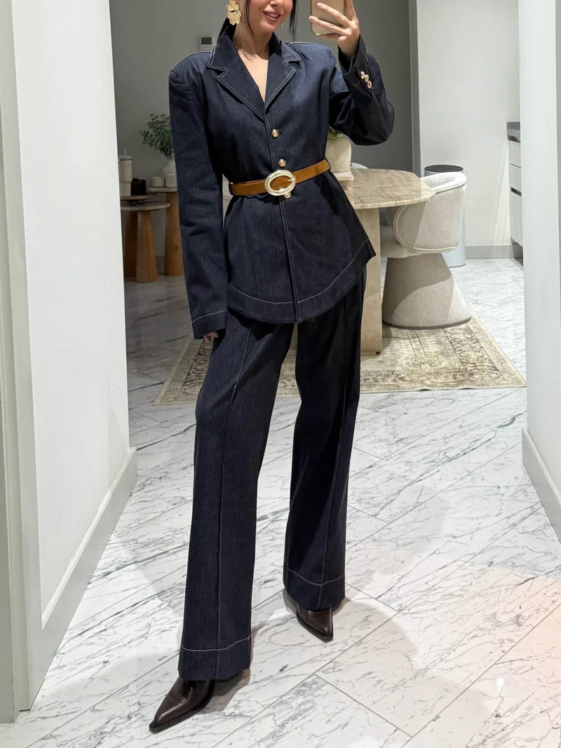 Casual Denim Shirt & Wide-leg Pants Two-piece Set