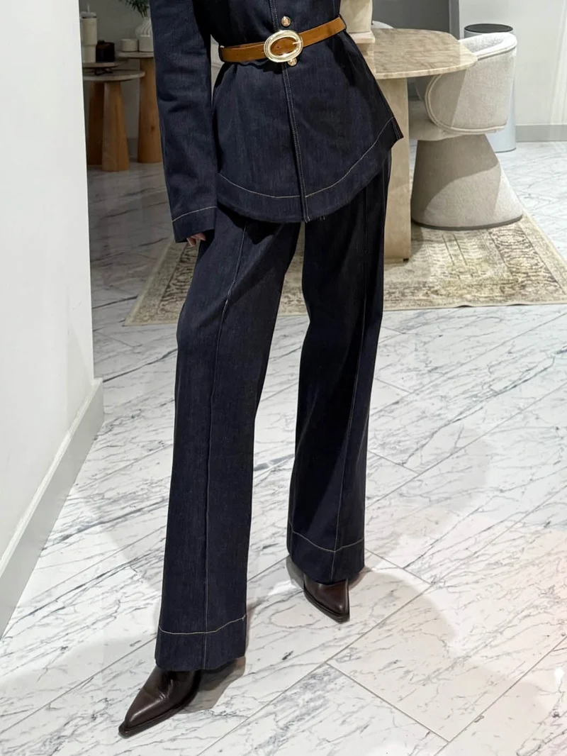 Casual Denim Shirt & Wide-leg Pants Two-piece Set
