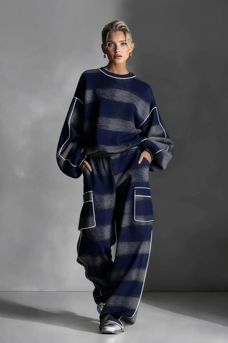 Fashion Street-Style Blue And Gray Plaid Color-Block Wide-Leg Pants