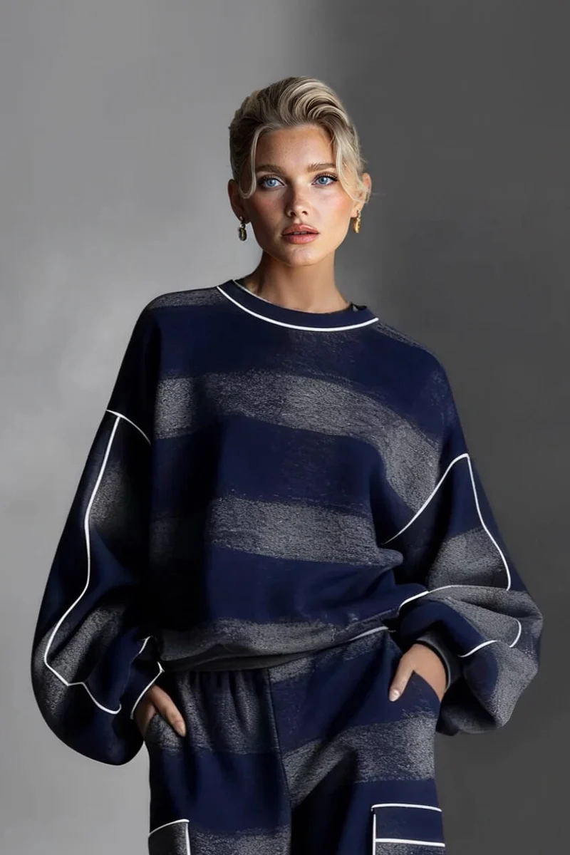 Fashion Street-Style Blue And Gray Plaid Color-Block Loose Top and Wide-Leg Pants Set