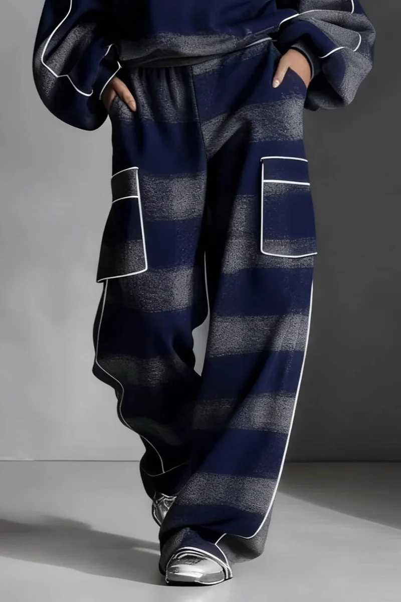 Fashion Street-Style Blue And Gray Plaid Color-Block Loose Top