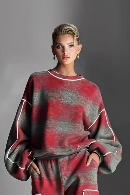 Fashion Street-Style Red and Gray Plaid Color-Block Loose Top