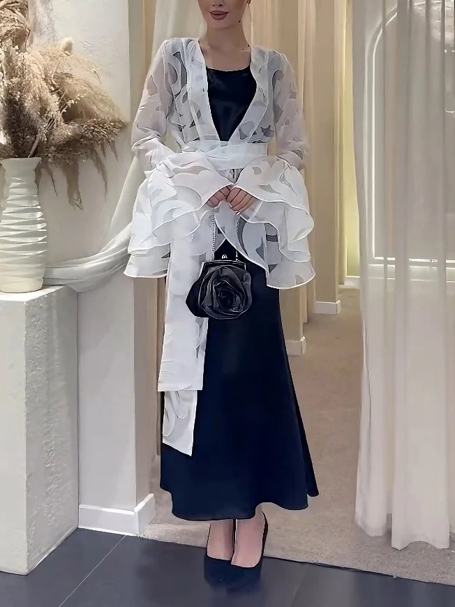 Elegant Ruffled Organza Cardigan & Black Maxi Dress Two-Piece Set