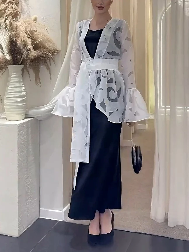 Elegant Ruffled Organza Cardigan & Black Maxi Dress Two-Piece Set