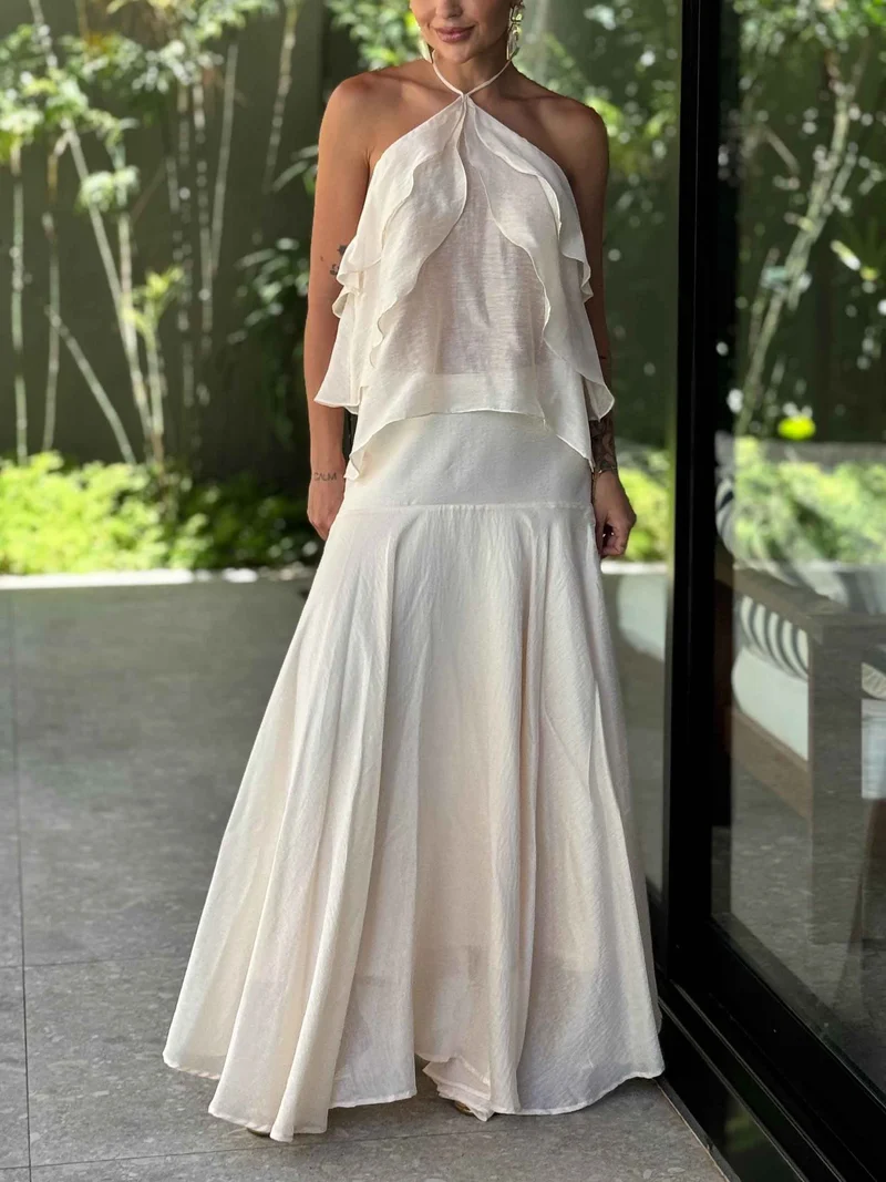 Elegant Halter Ruffle Top & Flowing Maxi Skirt Two-Piece Set