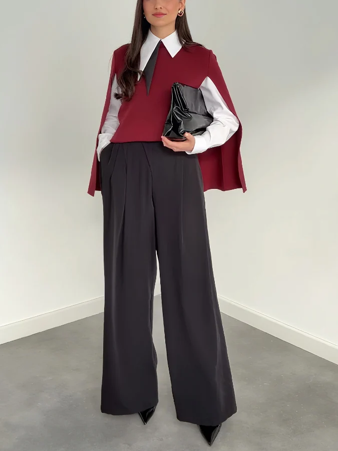 Casual Cape Knit Sweater & Wide-Leg Pants Three-Piece Set