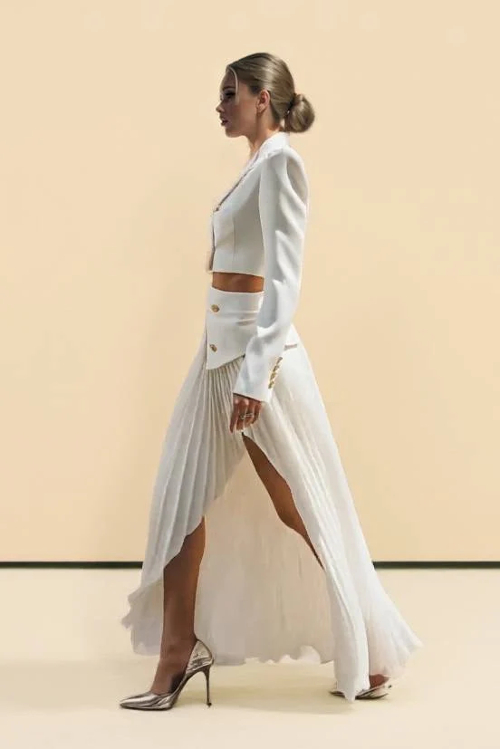 Short Blazer Top And Pleated Skirt Set