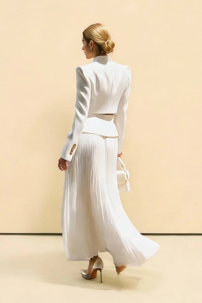 Short Blazer Top And Pleated Skirt Set