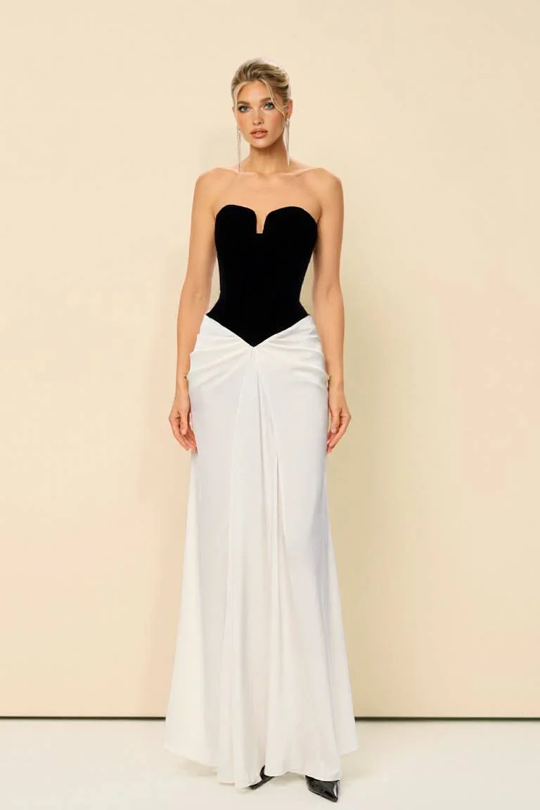 Tube Top Color Contrast Pleated Maxi Dress