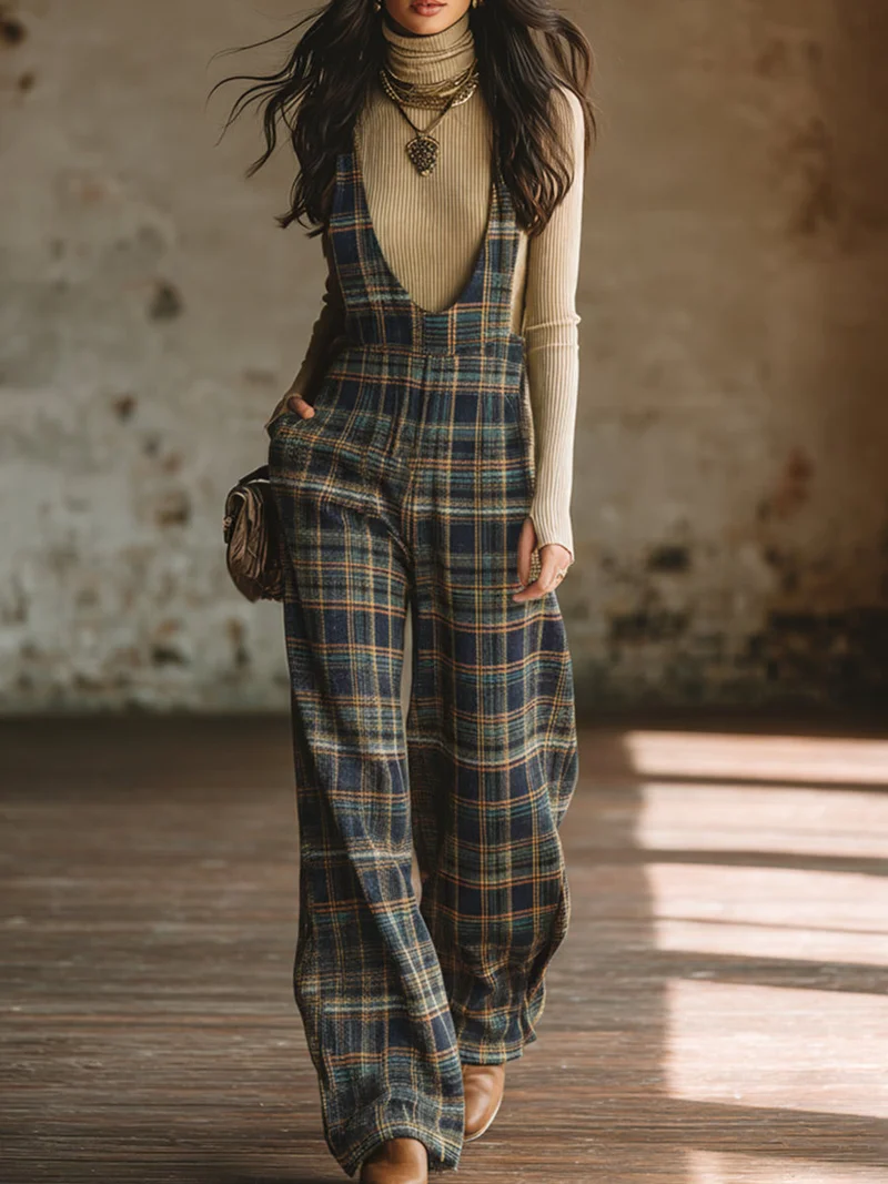 Casual Retro Plaid Wide-leg Overalls