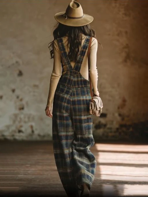 Casual Retro Plaid Wide-leg Overalls