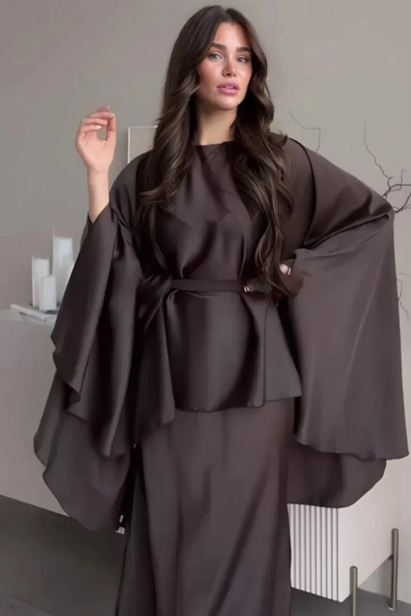 Fashionable Round Neck Irregular Batwing Sleeve Top Slim-Fit Maxi Skirt Set