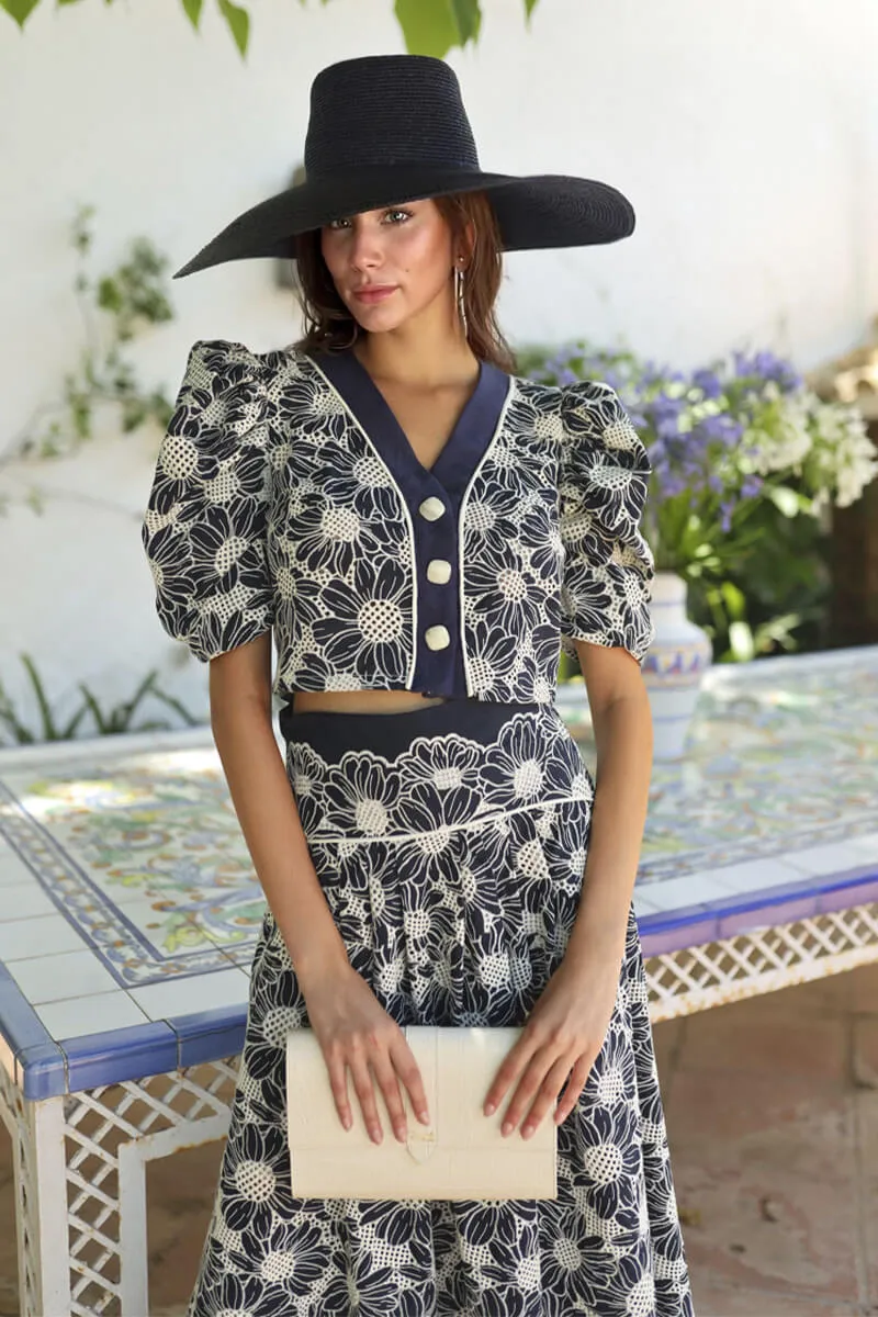 Retro Floral Print Puff Sleeve Top High-Waisted Pocket A-line Midi Skirt Set