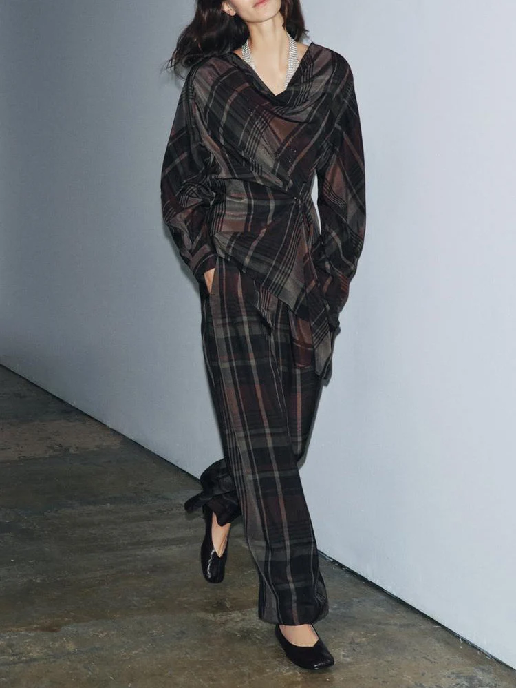 Asymmetric Draped Plaid Long-Sleeve Top