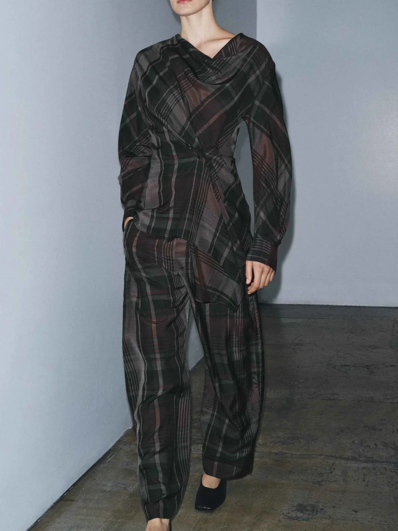 Asymmetric Draped Plaid Long-Sleeve Top