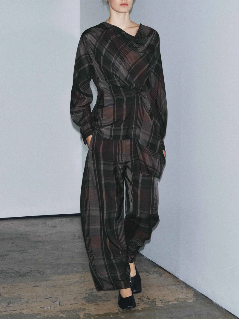 Asymmetric Draped Plaid Long-Sleeve Top