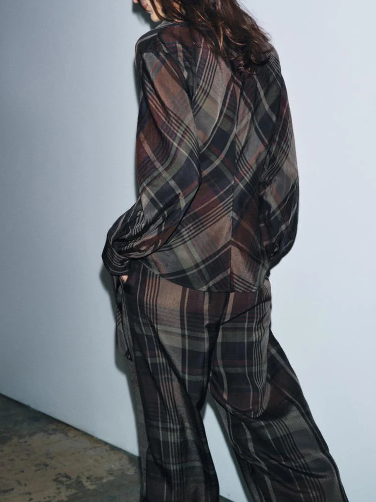 Asymmetric Draped Plaid Long-Sleeve Top
