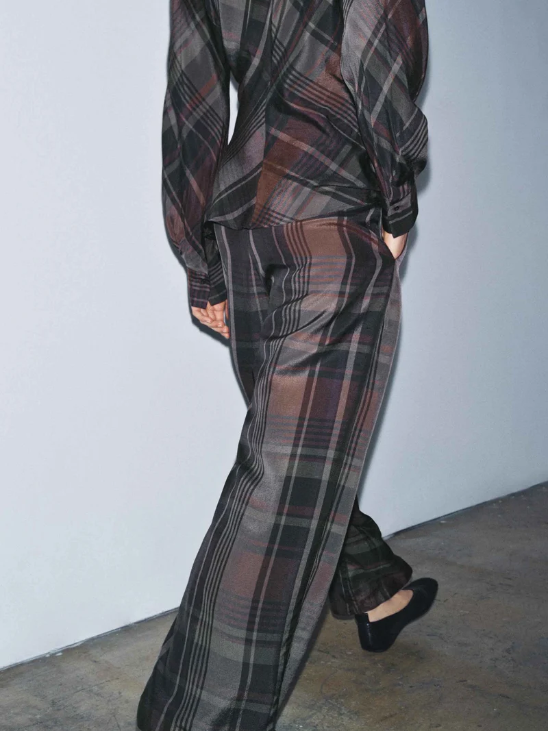 Asymmetric Draped Plaid Long-Sleeve Top