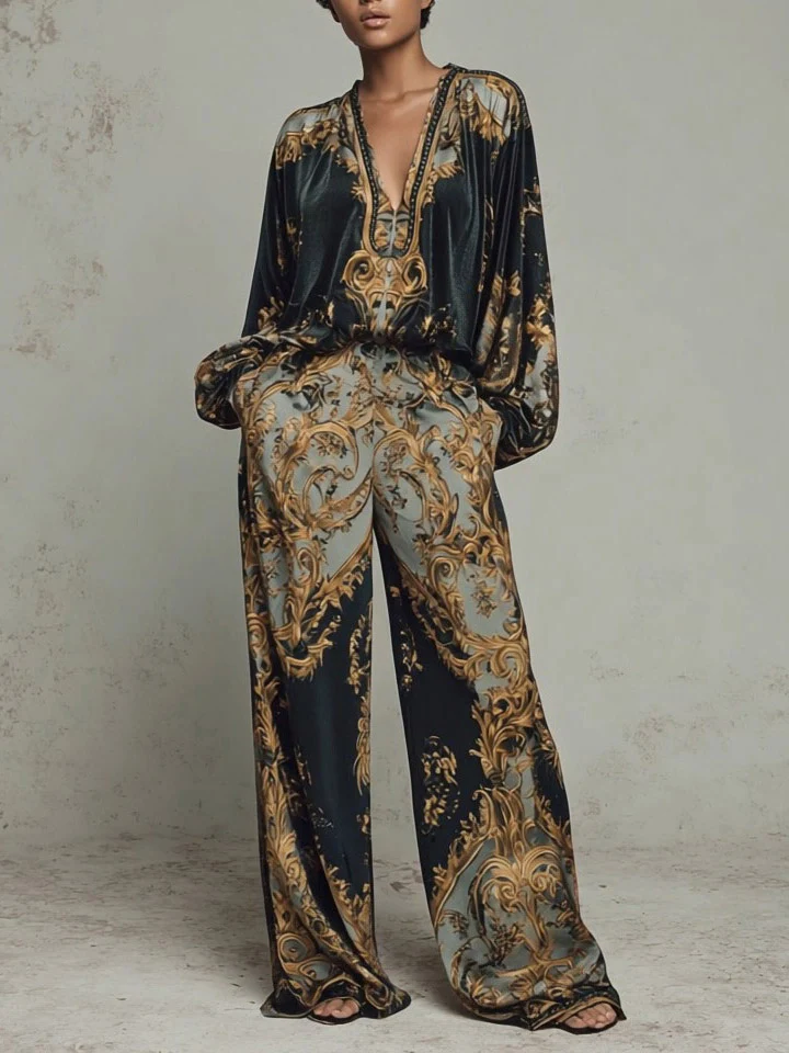 Retro Baroque Print High-Waisted Wide-Leg Pants