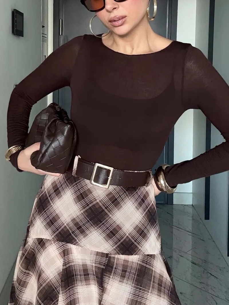 Retro Plaid Layered Ruffle Skirt Two-piece Set