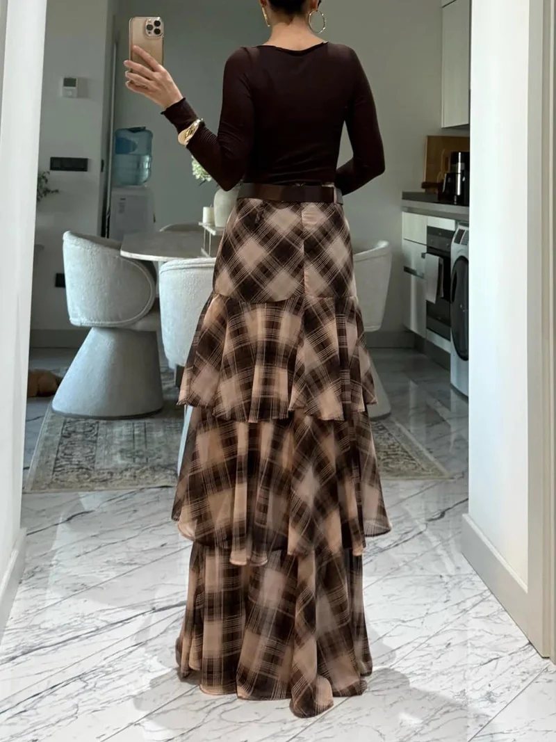 Retro Plaid Layered Ruffle Skirt Two-piece Set