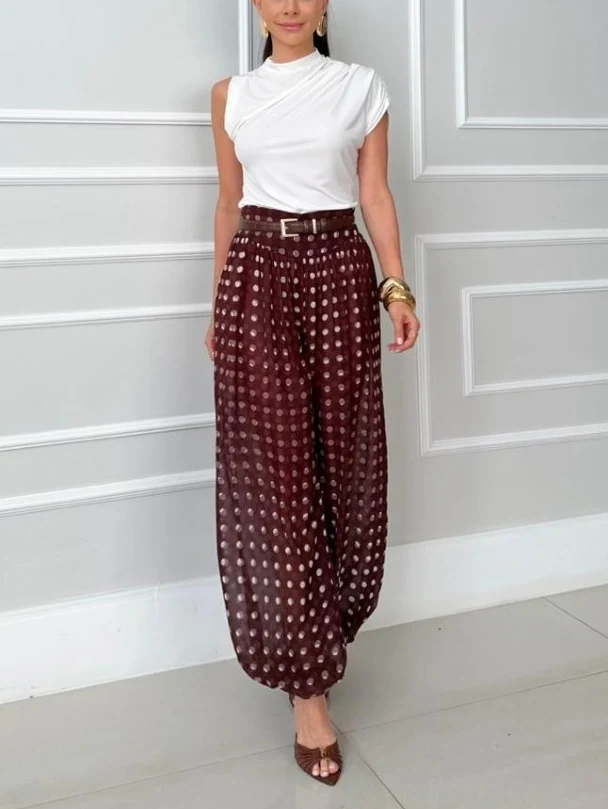 Casual Knit Vest & Polka Dot Chiffon Harem Pants Two-Piece Set