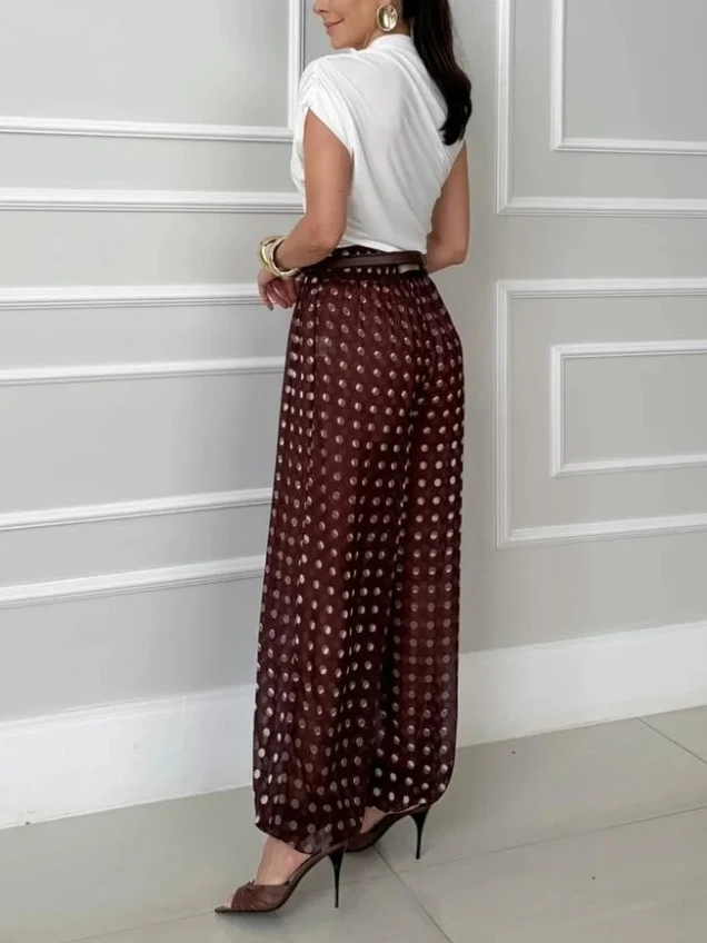 Casual Knit Vest & Polka Dot Chiffon Harem Pants Two-Piece Set