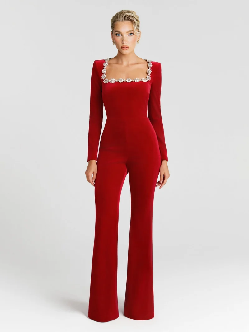 Elegant Crystal-Embellished Red Flared Jumpsuit