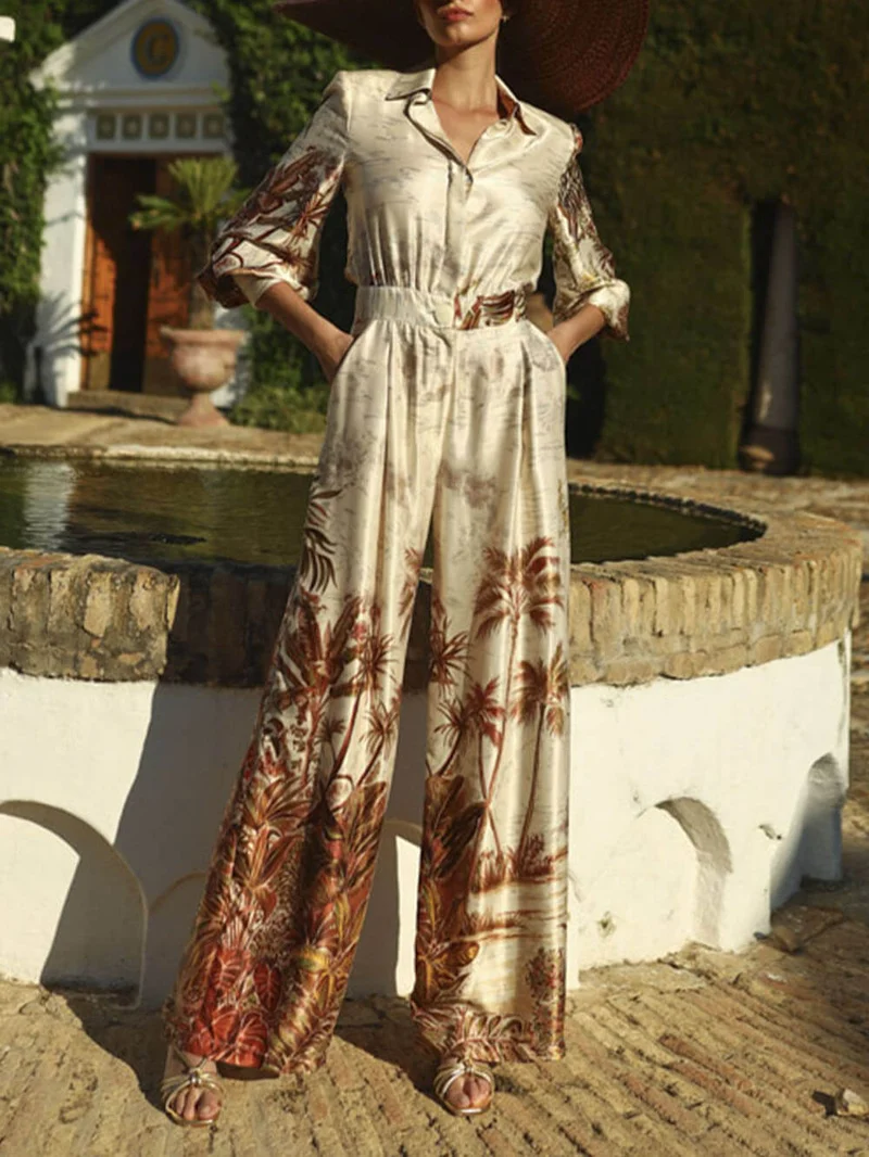 Elegant Palm Print Satin Elastic Waist Pocket Wide-Leg Jumpsuit