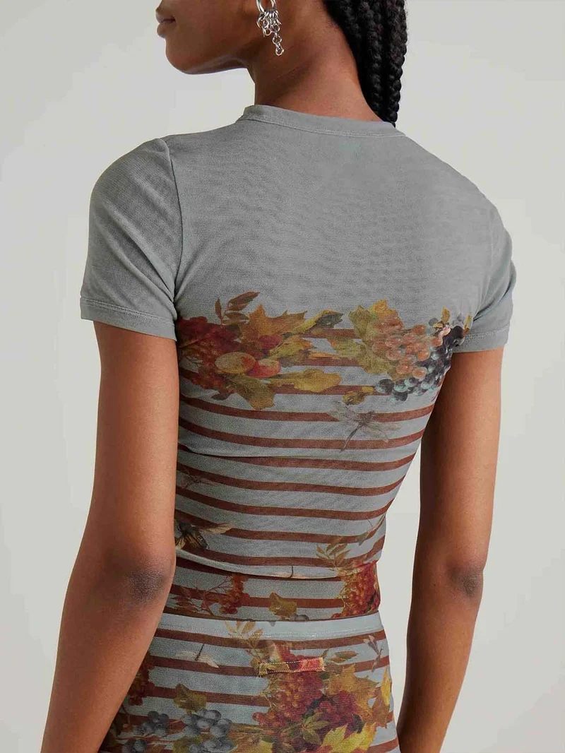 Artistic Floral Stripe Mesh Top & Midi Skirt Two-Piece Set