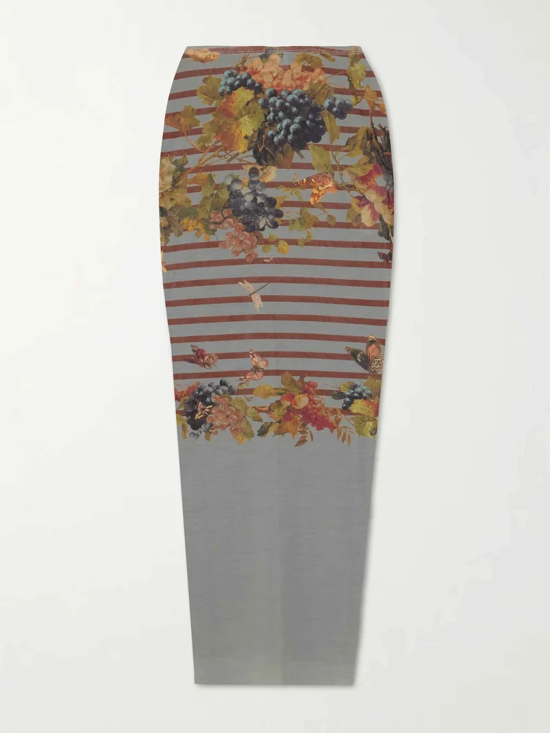 Artistic Floral Stripe Mesh Top & Midi Skirt Two-Piece Set