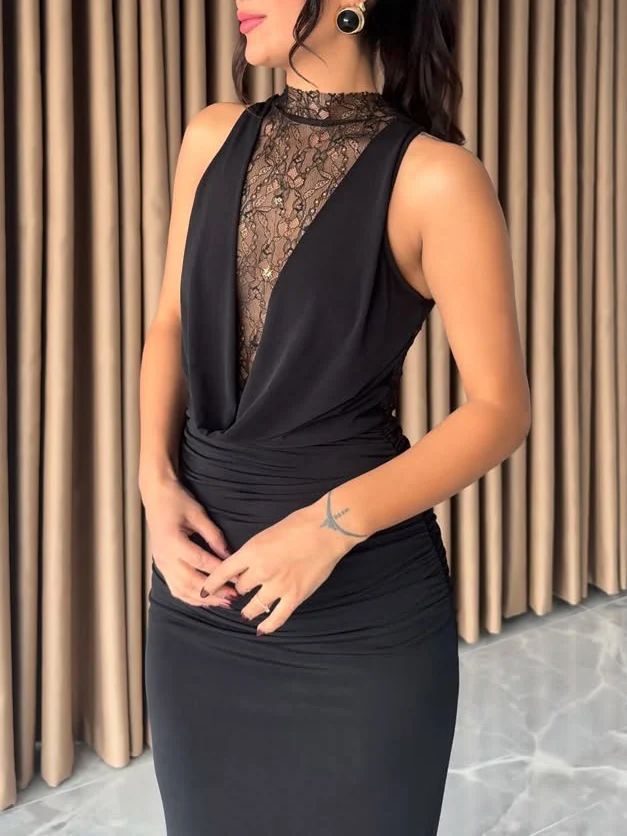 Elegant Draped Neckline Lace-trimmed Maxi Dress