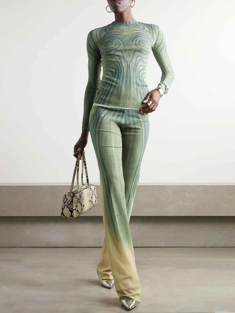 Abstract Print Stretch Knit Wide-Leg Pants