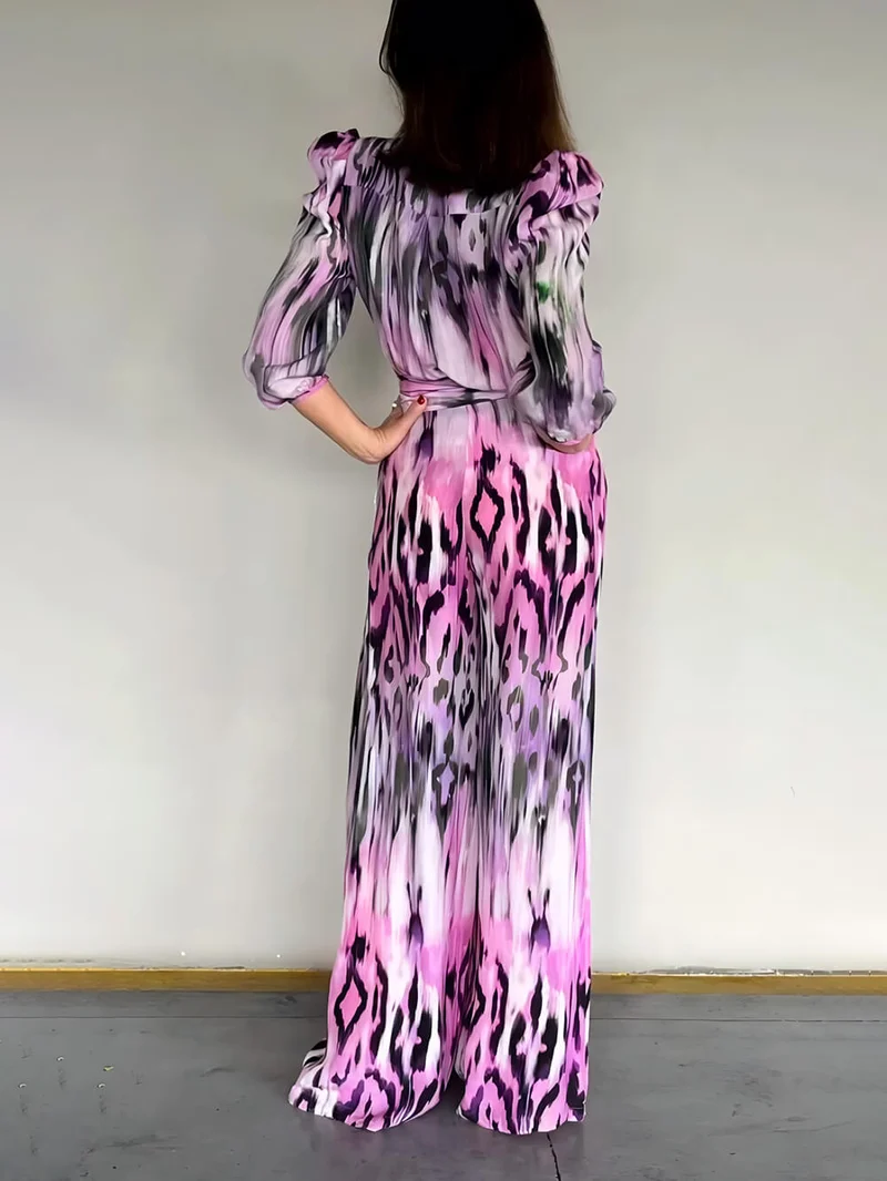 Exquisite Floral Print Pleated Tie-Waist Wide-Leg Jumpsuit