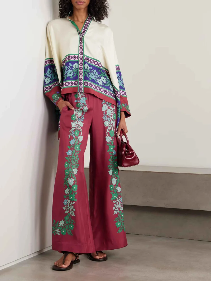 Exquisite Retro Satin Print Batwing Sleeve Shirt