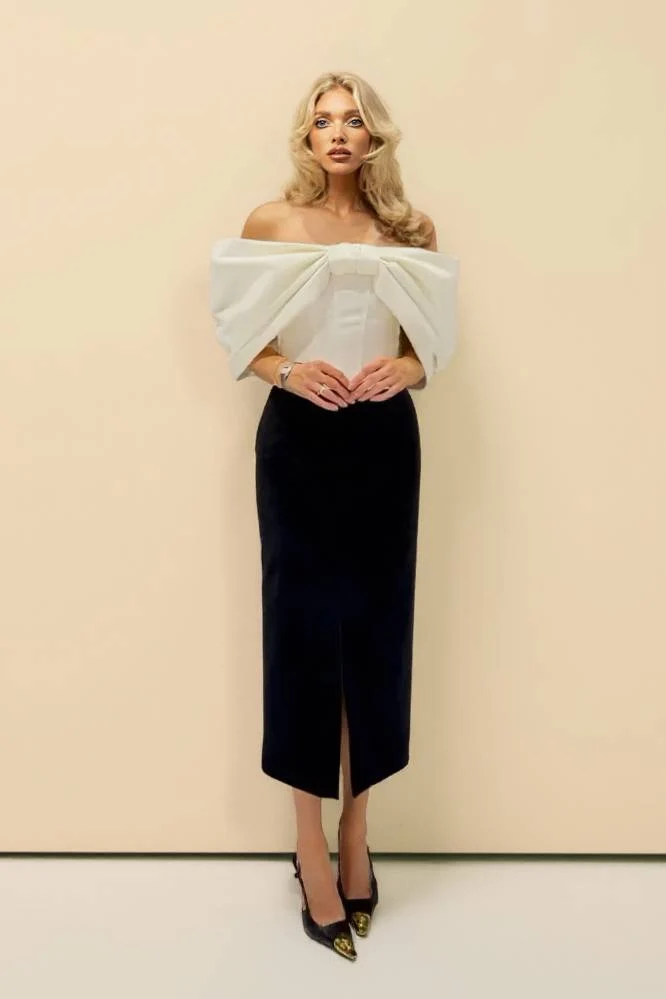Bow Top And Velvet Skirt Set