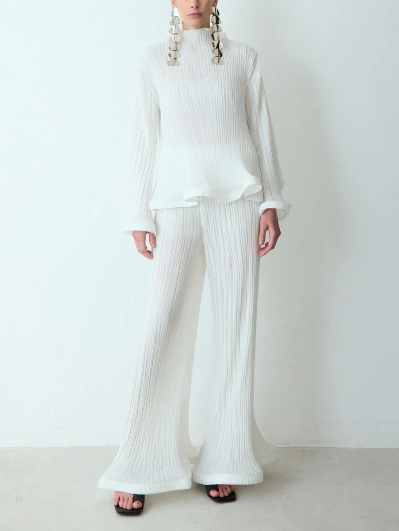 Elegant Ruffled Pleated Wide-Leg Pants
