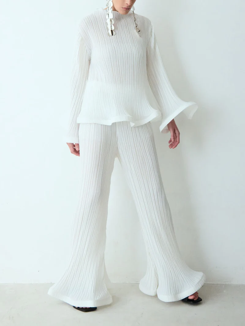 Elegant Ruffled Pleated Long-Sleeve Top