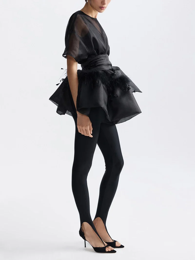 Elegant Feather Organza Top Two-Piece Set