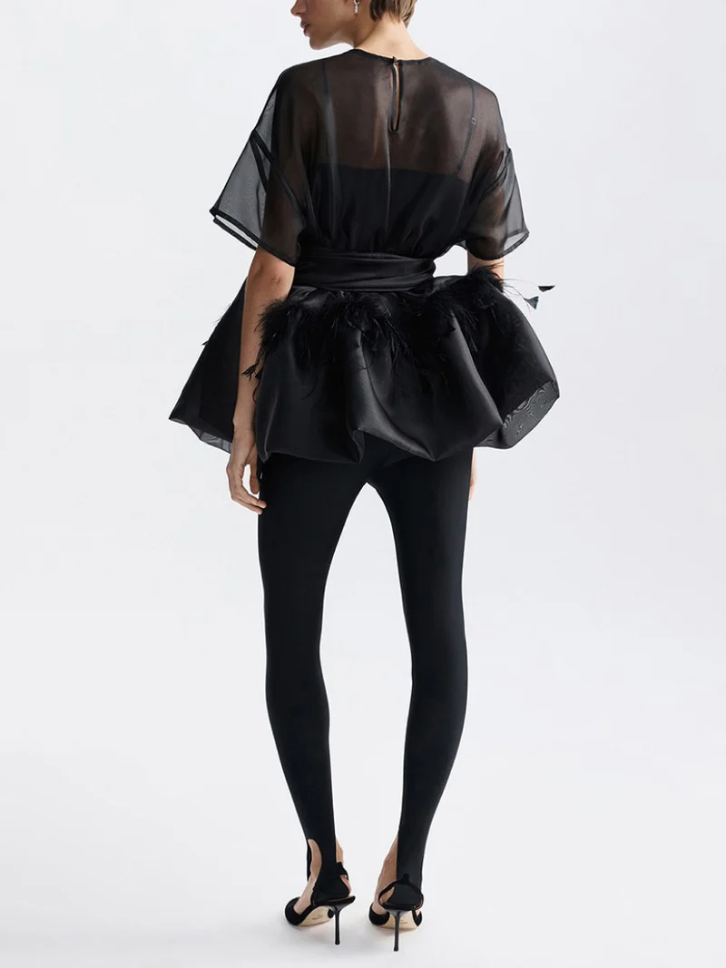 Elegant Feather Organza Top Two-Piece Set
