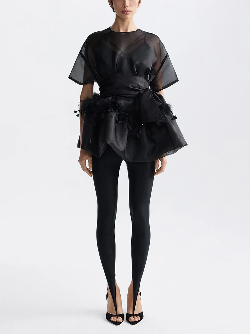 Elegant Feather Organza Top Two-Piece Set