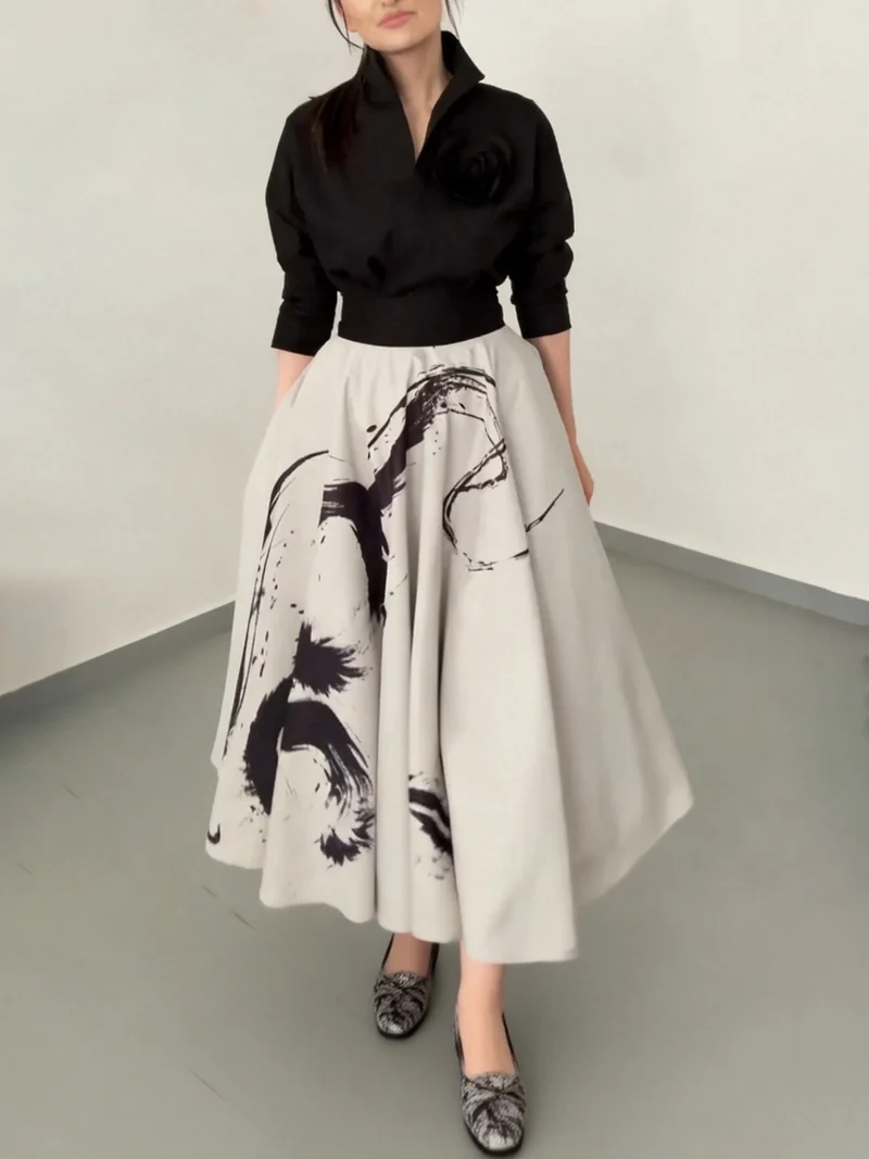 Modern Art Abstract Print A-line Maxi Skirt Two-piece Set