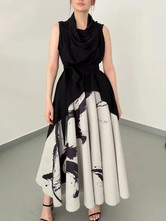 Elegant Abstract Print Draped Midi Dress Two-piece Set
