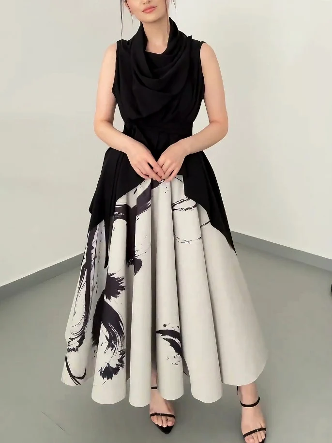 Elegant Abstract Print Draped Midi Dress Two-piece Set