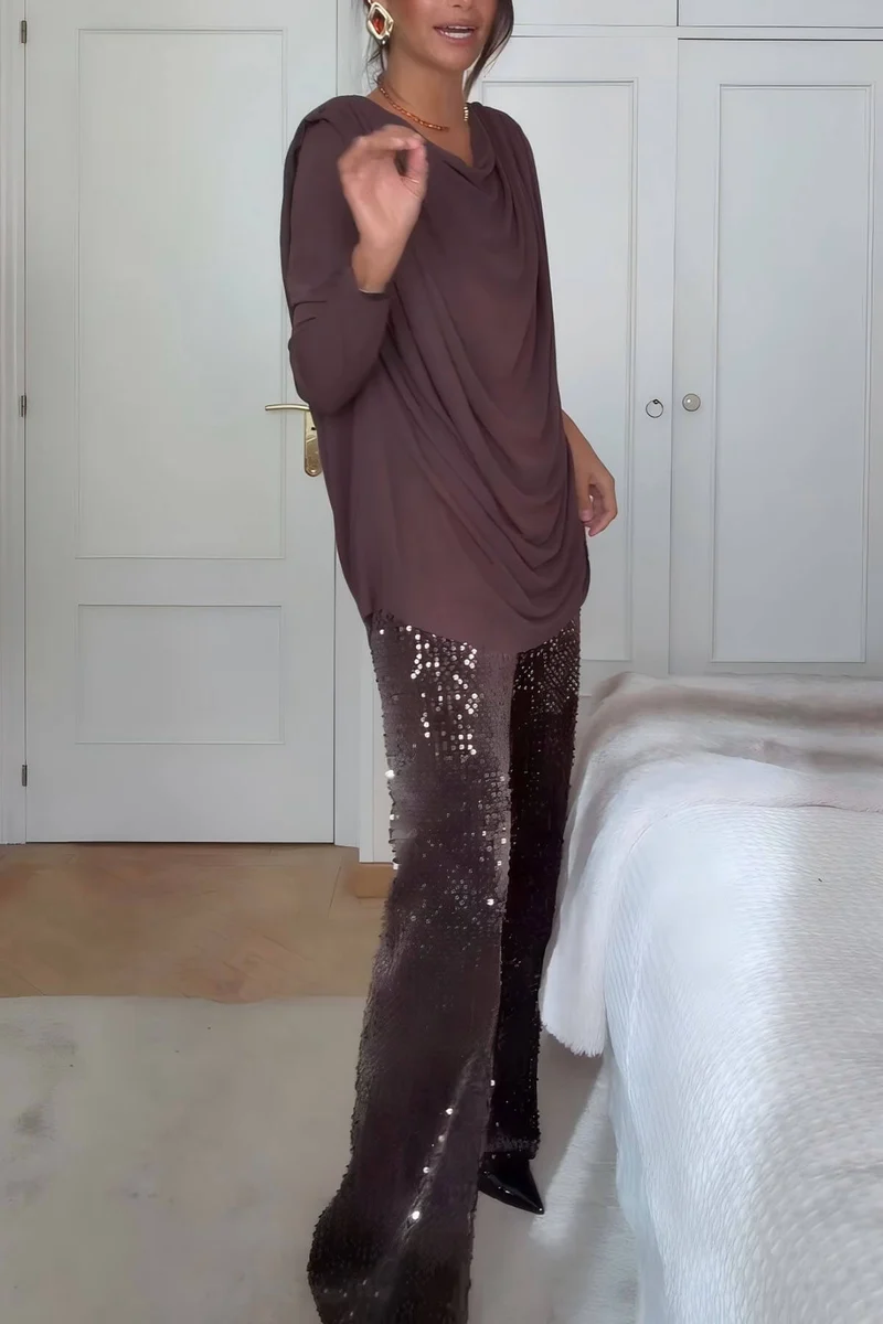 Unique Ruched Drop-Shoulder Long Sleeve Top