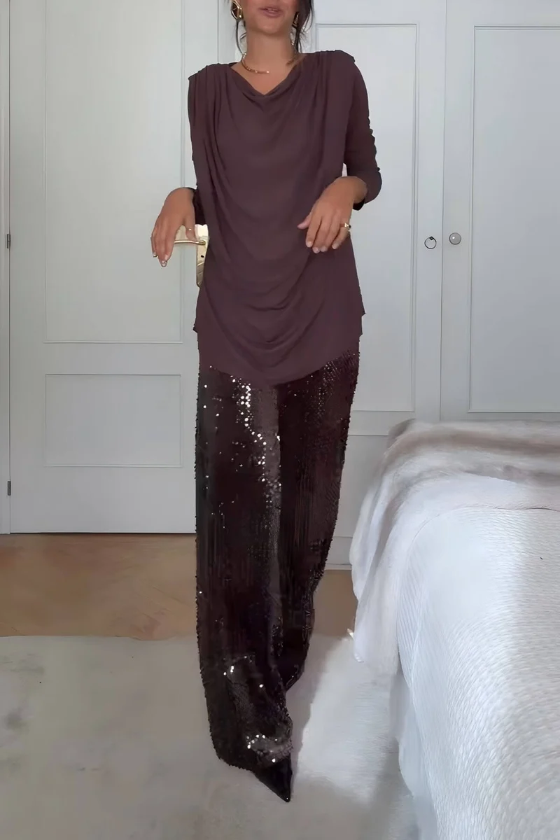Unique Ruched Drop-Shoulder Long Sleeve Top