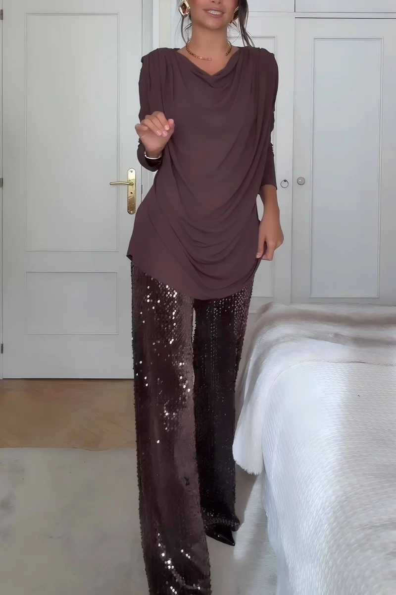 Unique Ruched Drop-Shoulder Long Sleeve Top
