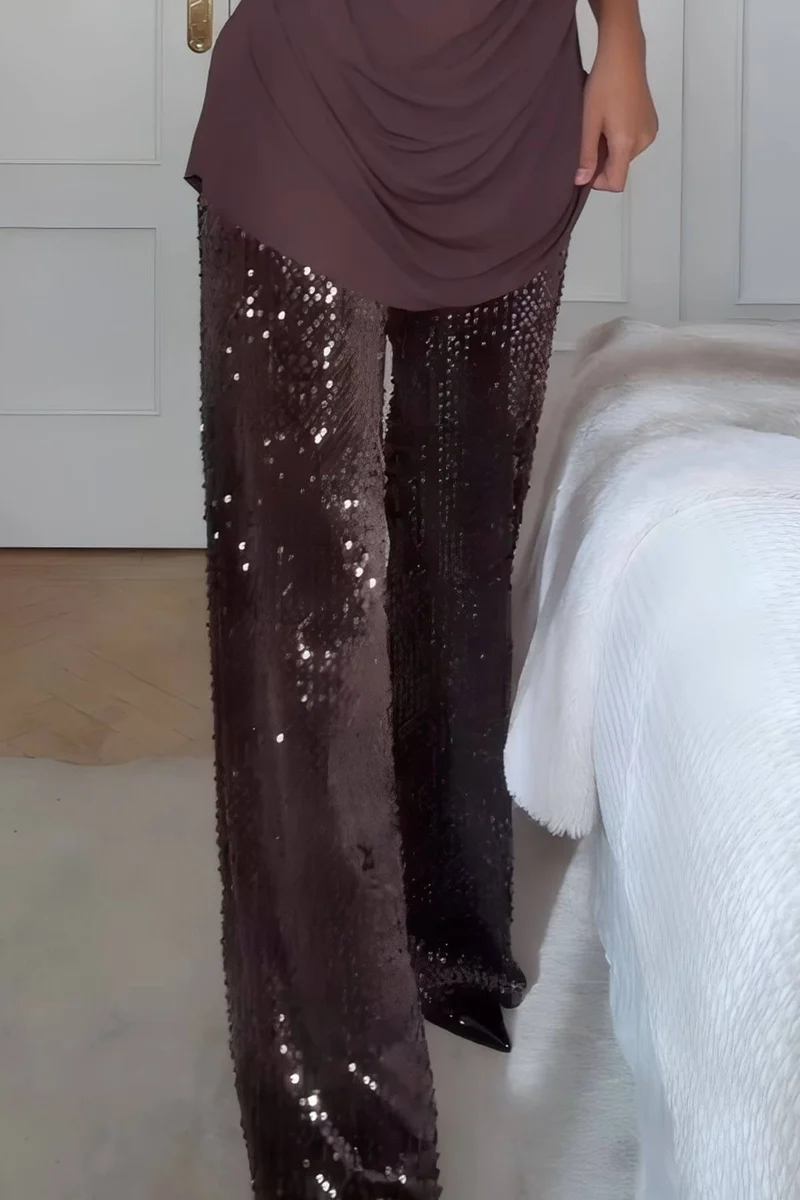 Unique Sparkling Rhinestone-Embellished Wide-Leg Jeans
