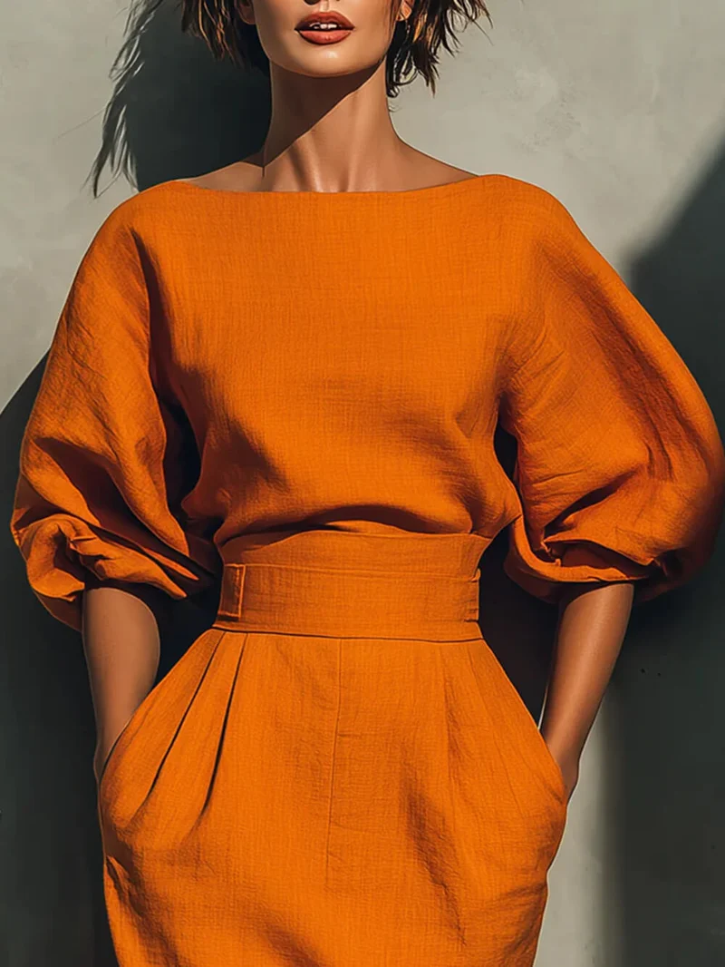 Delicate Round Neck Half-Sleeve Top And Pocketed Back Slit Midi Skirt Set