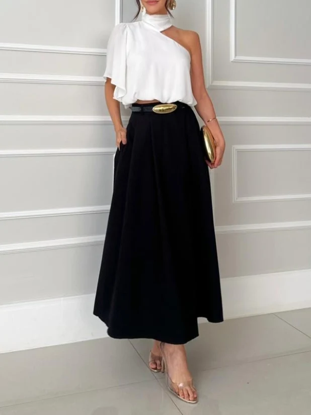 Elegant Asymmetrical Collar Shirt & Skirt Two-Piece Set